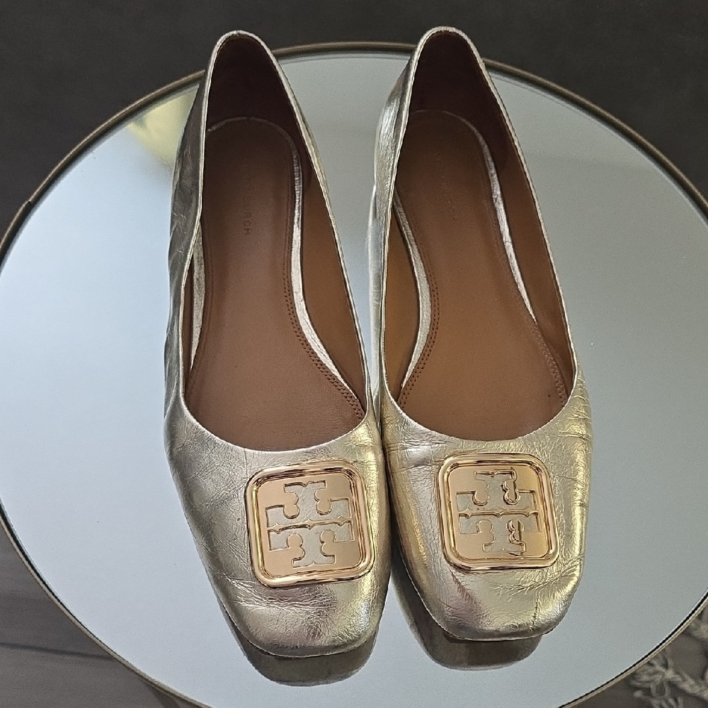 Tory Burch Gold Flats with Square Buckle #7